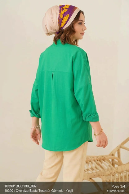 Kadın Oversize Kesim Basic Pamuklu Yeşil Tesettür Gömlek