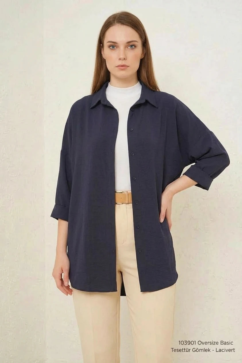 Kadın Oversize Kesim Basic Pamuklu Lacivert Tesettür Gömlek