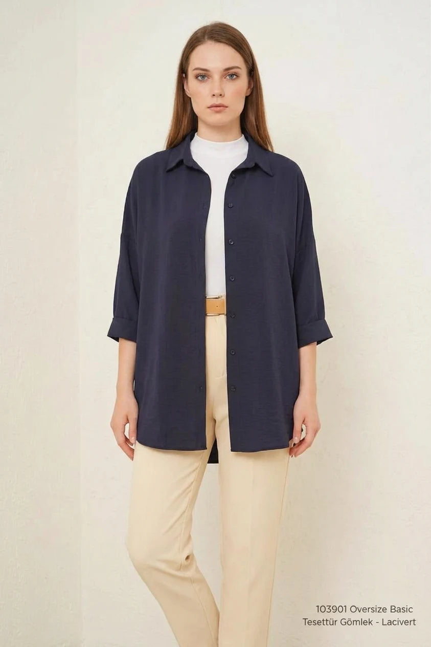Kadın Oversize Kesim Basic Pamuklu Lacivert Tesettür Gömlek