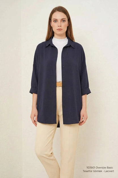 Kadın Oversize Kesim Basic Pamuklu Lacivert Tesettür Gömlek
