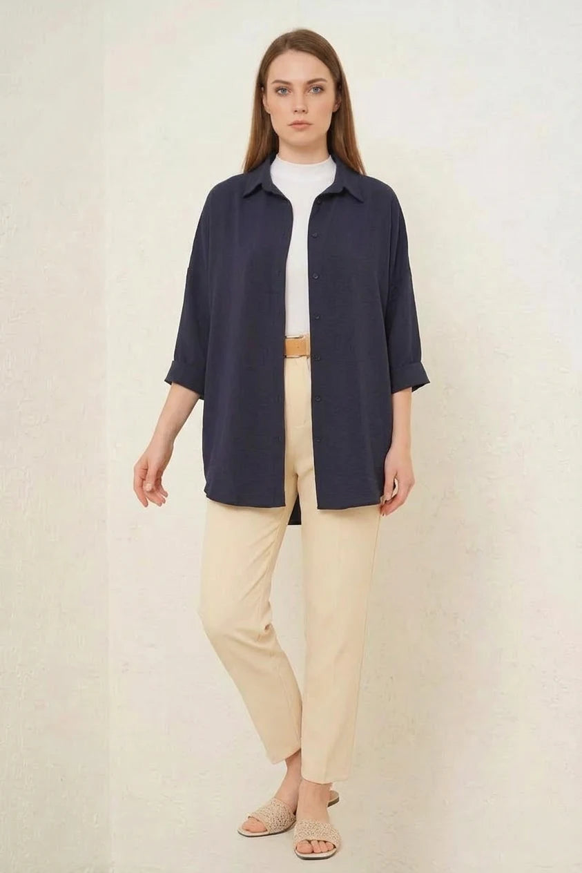 Kadın Oversize Kesim Basic Pamuklu Lacivert Tesettür Gömlek