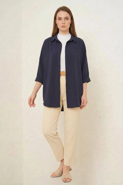 Kadın Oversize Kesim Basic Pamuklu Lacivert Tesettür Gömlek