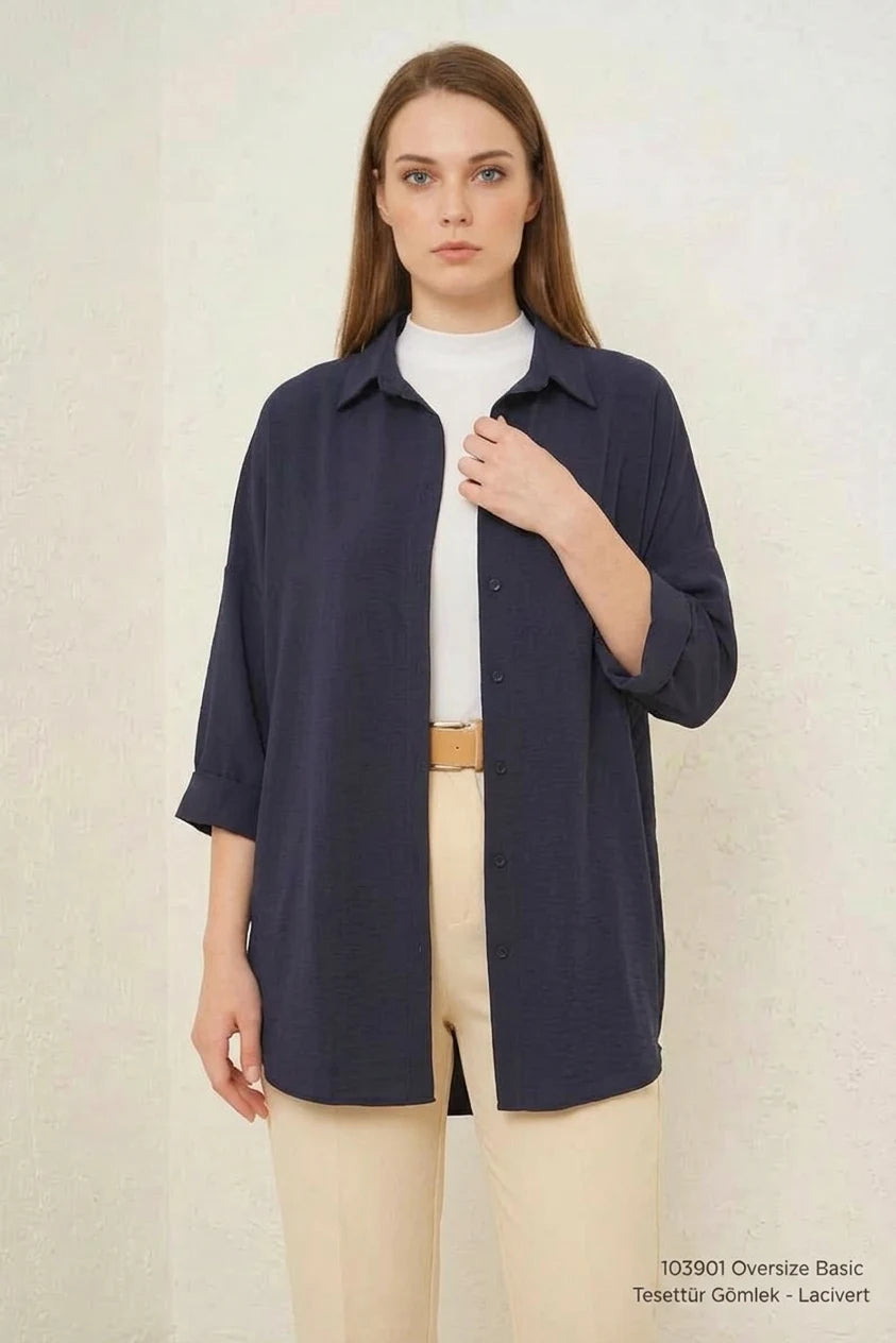 Kadın Oversize Kesim Basic Pamuklu Lacivert Tesettür Gömlek