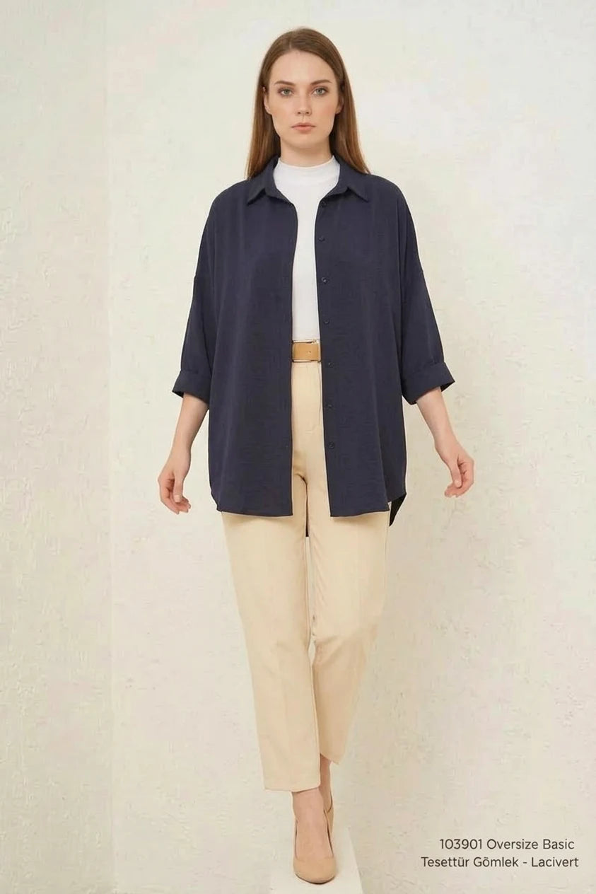 Kadın Oversize Kesim Basic Pamuklu Lacivert Tesettür Gömlek