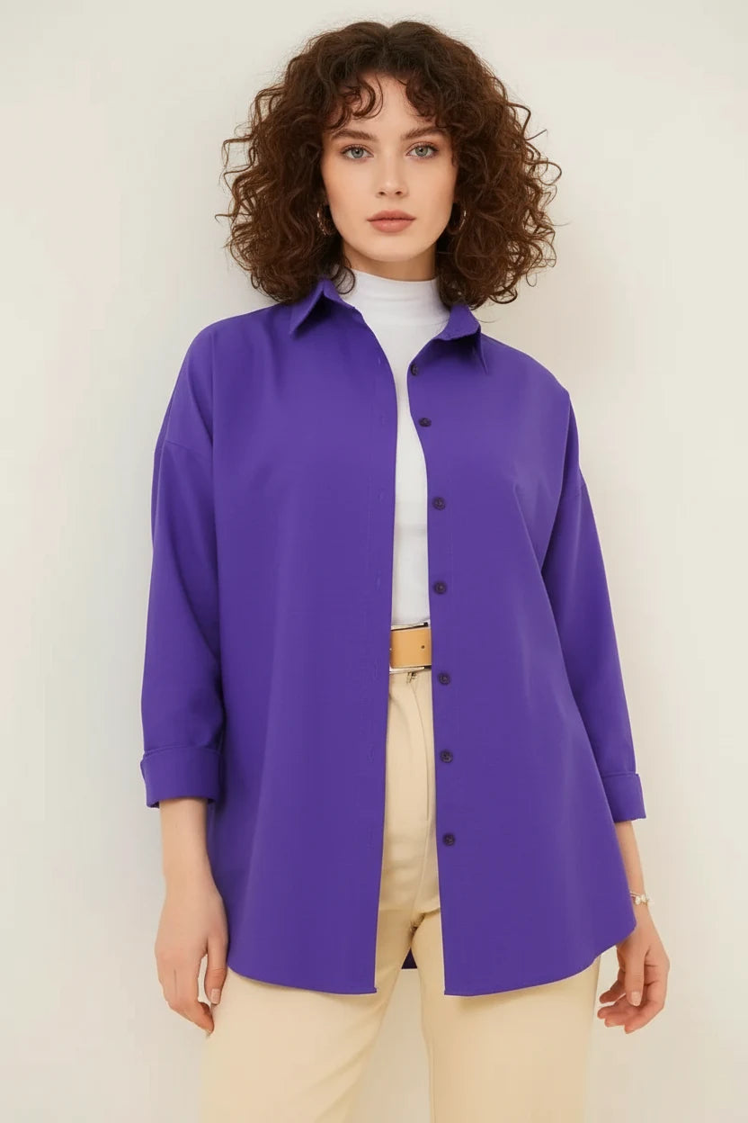 Kadın Oversize Kesim Basic Pamuklu Mor Tesettür Gömlek
