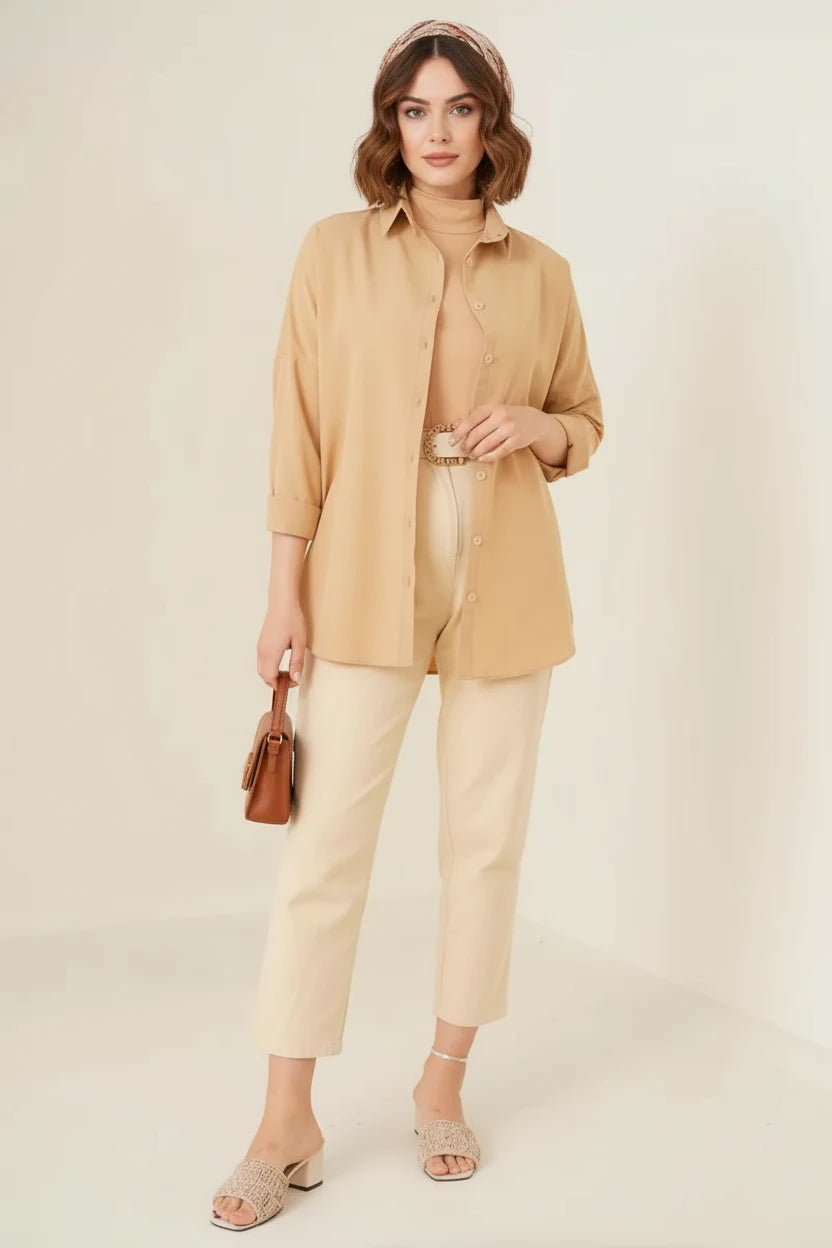 Kadın Oversize Kesim Basic Pamuklu Bej Tesettür Gömlek