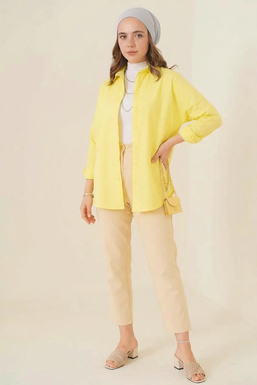 Kadın Oversize Basic Pamuklu Sarı Tesettür Gömlek