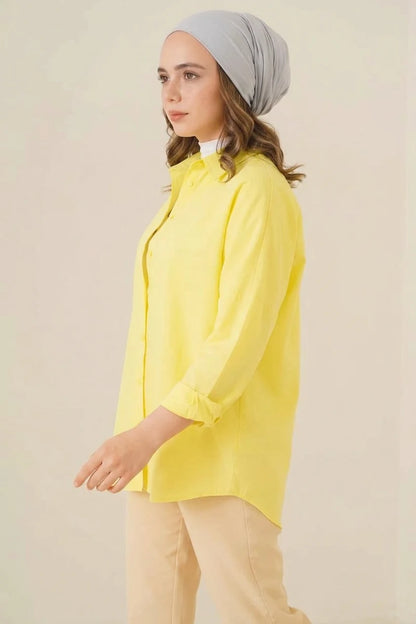 Kadın Oversize Basic Pamuklu Sarı Tesettür Gömlek