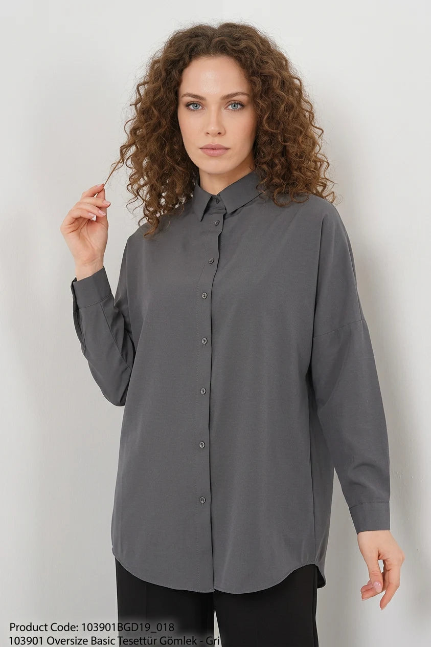 Kadın Oversize Basic Pamuklu Gri Tesettür Gömlek