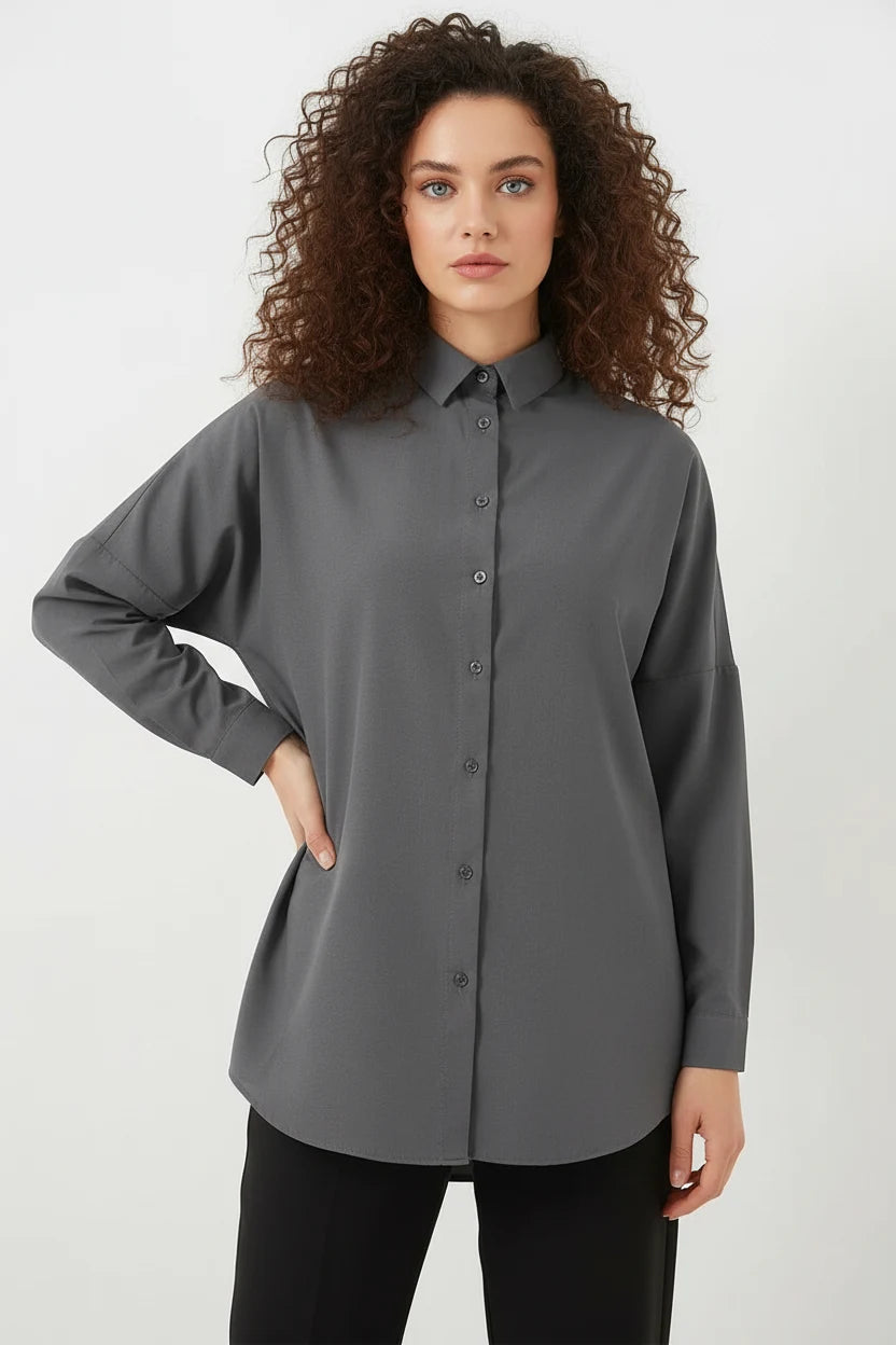 Kadın Oversize Basic Pamuklu Gri Tesettür Gömlek