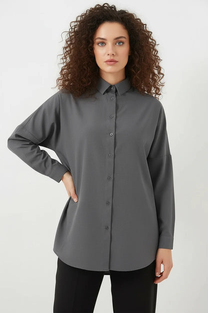 Kadın Oversize Basic Pamuklu Gri Tesettür Gömlek