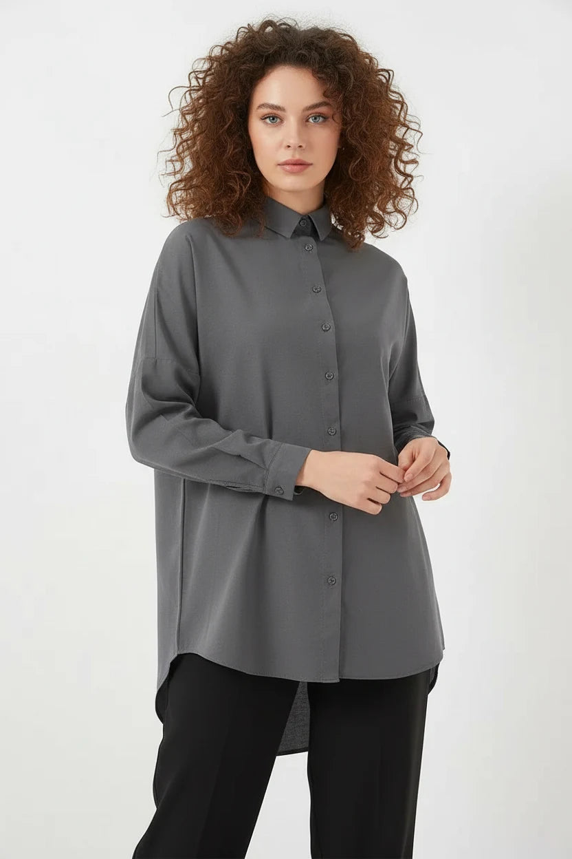 Kadın Oversize Basic Pamuklu Gri Tesettür Gömlek