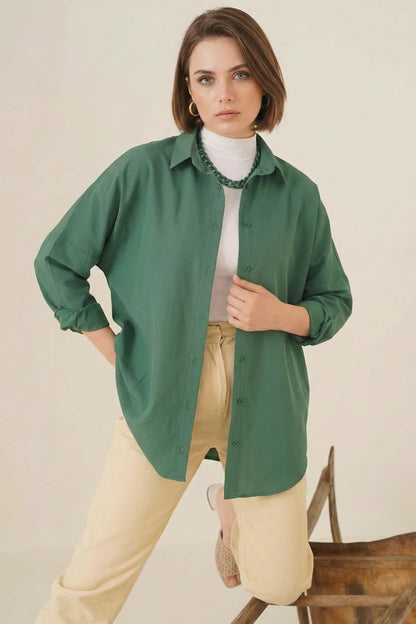 Kadın Oversize Kesim Basic Pamuklu Zümrüt Yeşili Tesettür Gömlek
