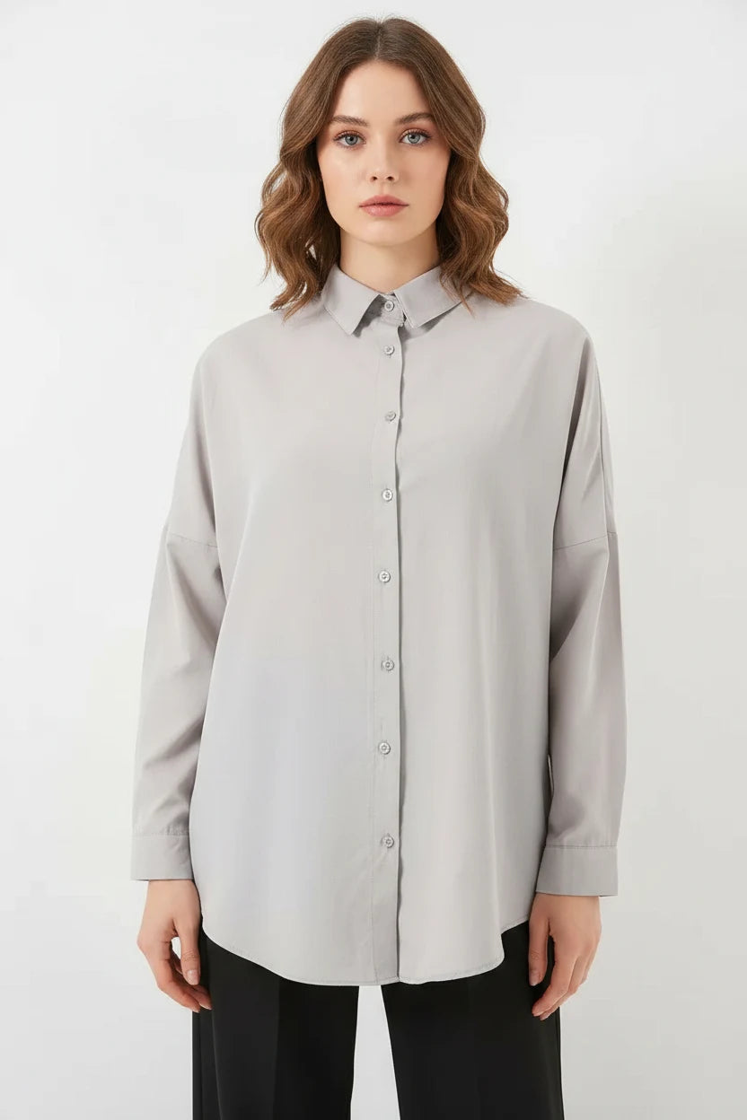Kadın Oversize Kesim Basic Pamuklu Açık Gri Tesettür Gömlek
