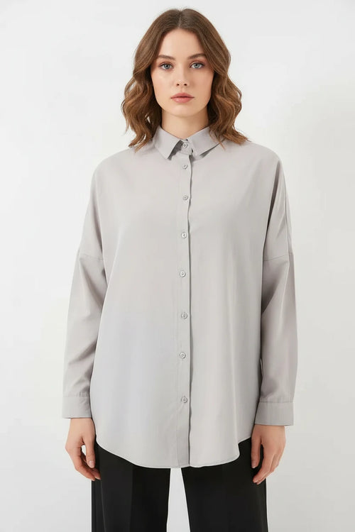 Kadın Oversize Kesim Basic Pamuklu Açık Gri Tesettür Gömlek