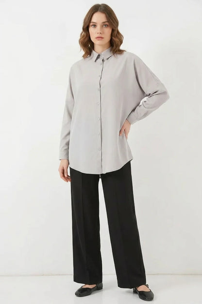 Kadın Oversize Kesim Basic Pamuklu Açık Gri Tesettür Gömlek