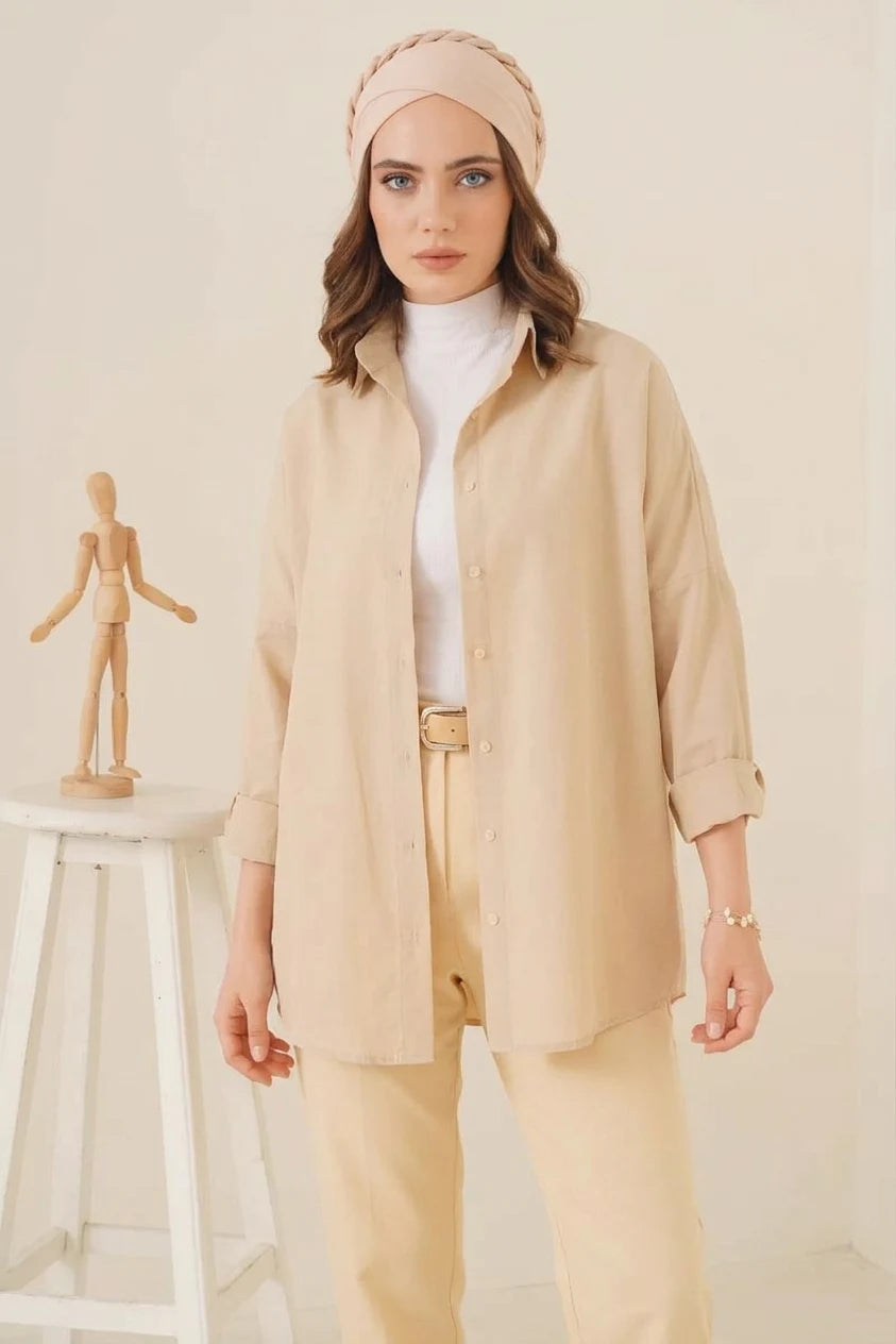 Kadın Oversize Basic Pamuklu Krem Tesettür Gömlek