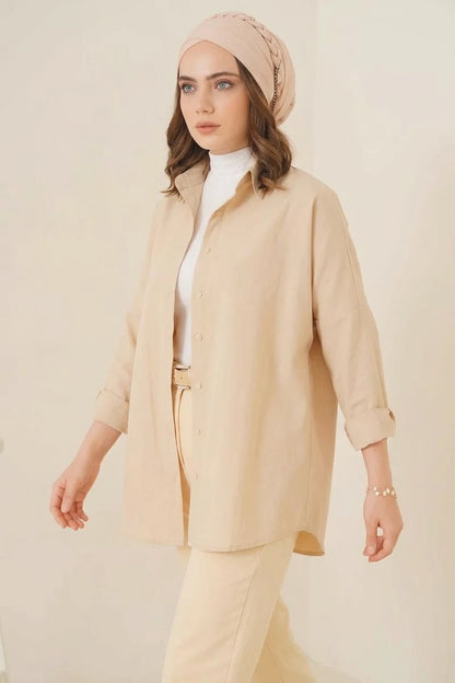 Kadın Oversize Basic Pamuklu Krem Tesettür Gömlek