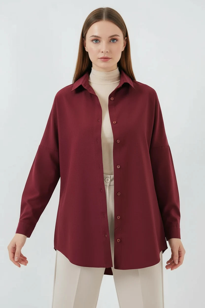 Kadın Basic Oversize Pamuklu Mürdüm Tesettür Gömlek