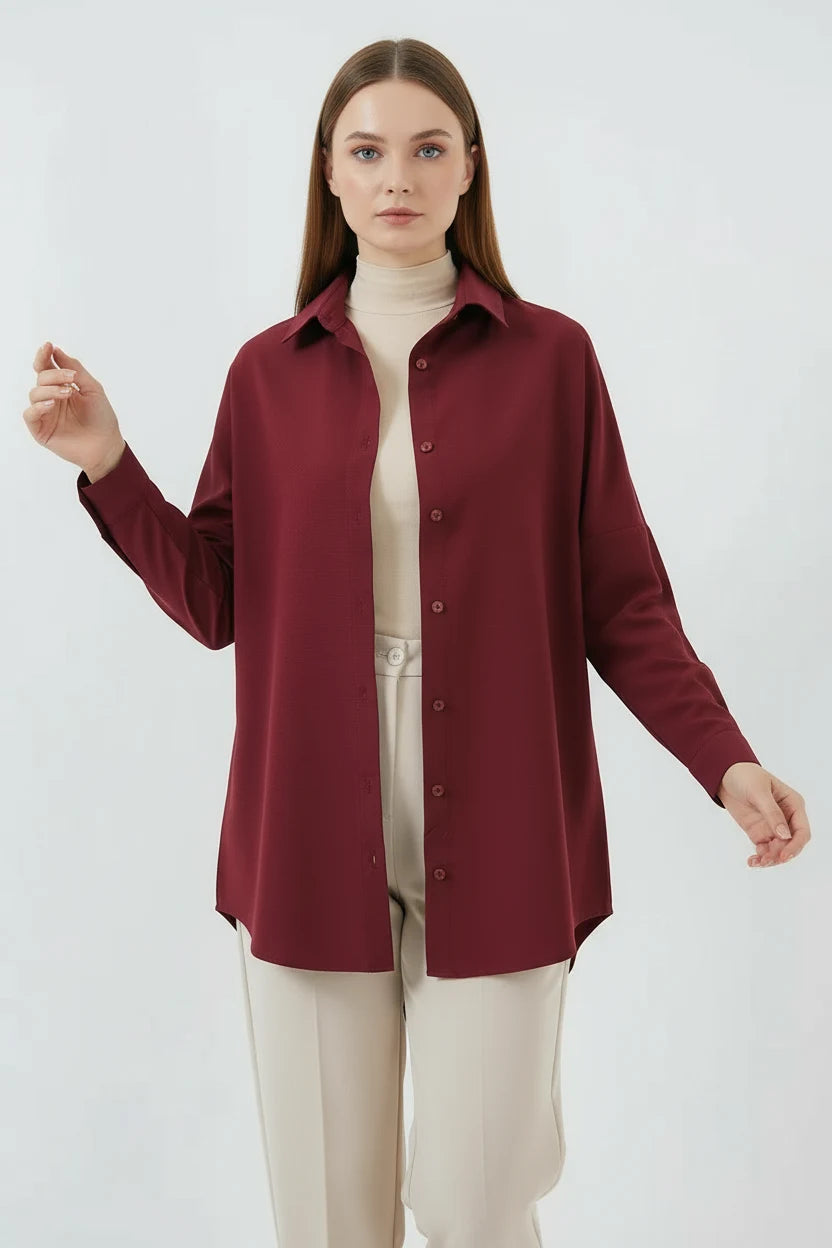 Kadın Basic Oversize Pamuklu Mürdüm Tesettür Gömlek