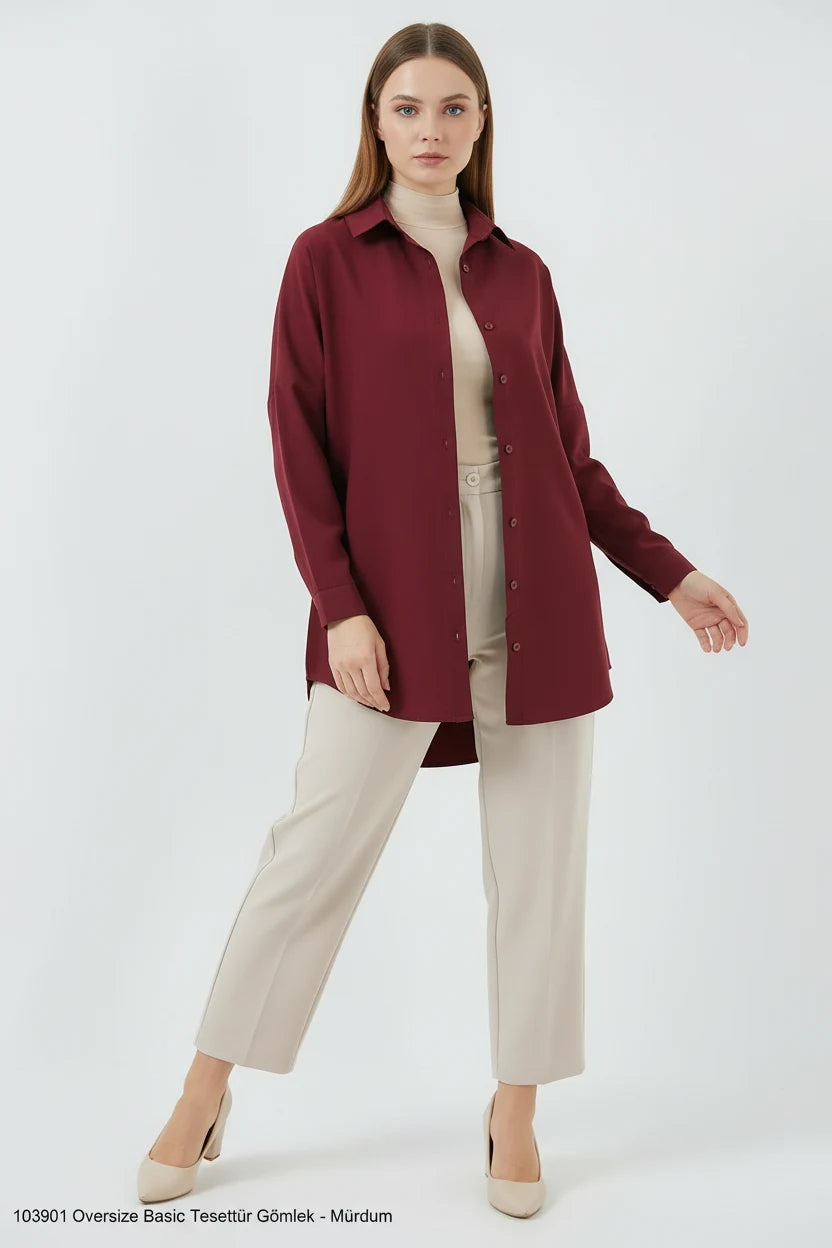 Kadın Basic Oversize Pamuklu Mürdüm Tesettür Gömlek