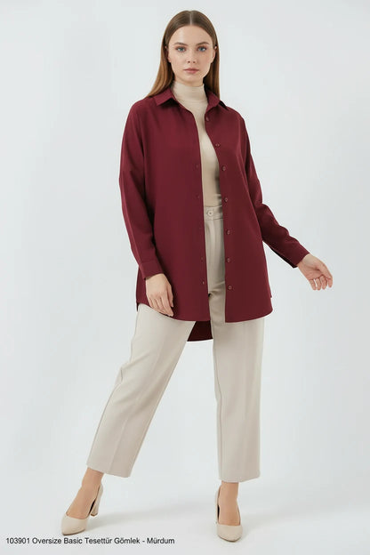 Kadın Basic Oversize Pamuklu Mürdüm Tesettür Gömlek