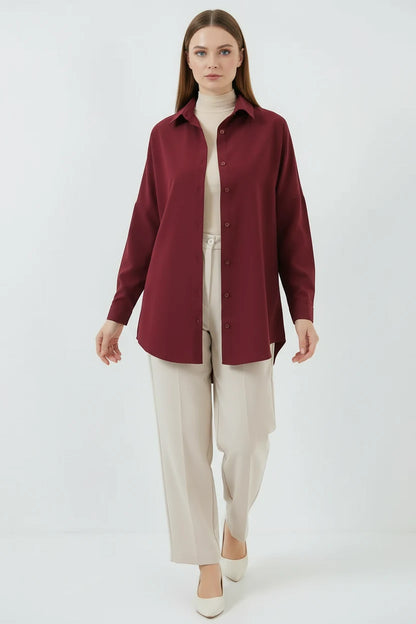 Kadın Basic Oversize Pamuklu Mürdüm Tesettür Gömlek