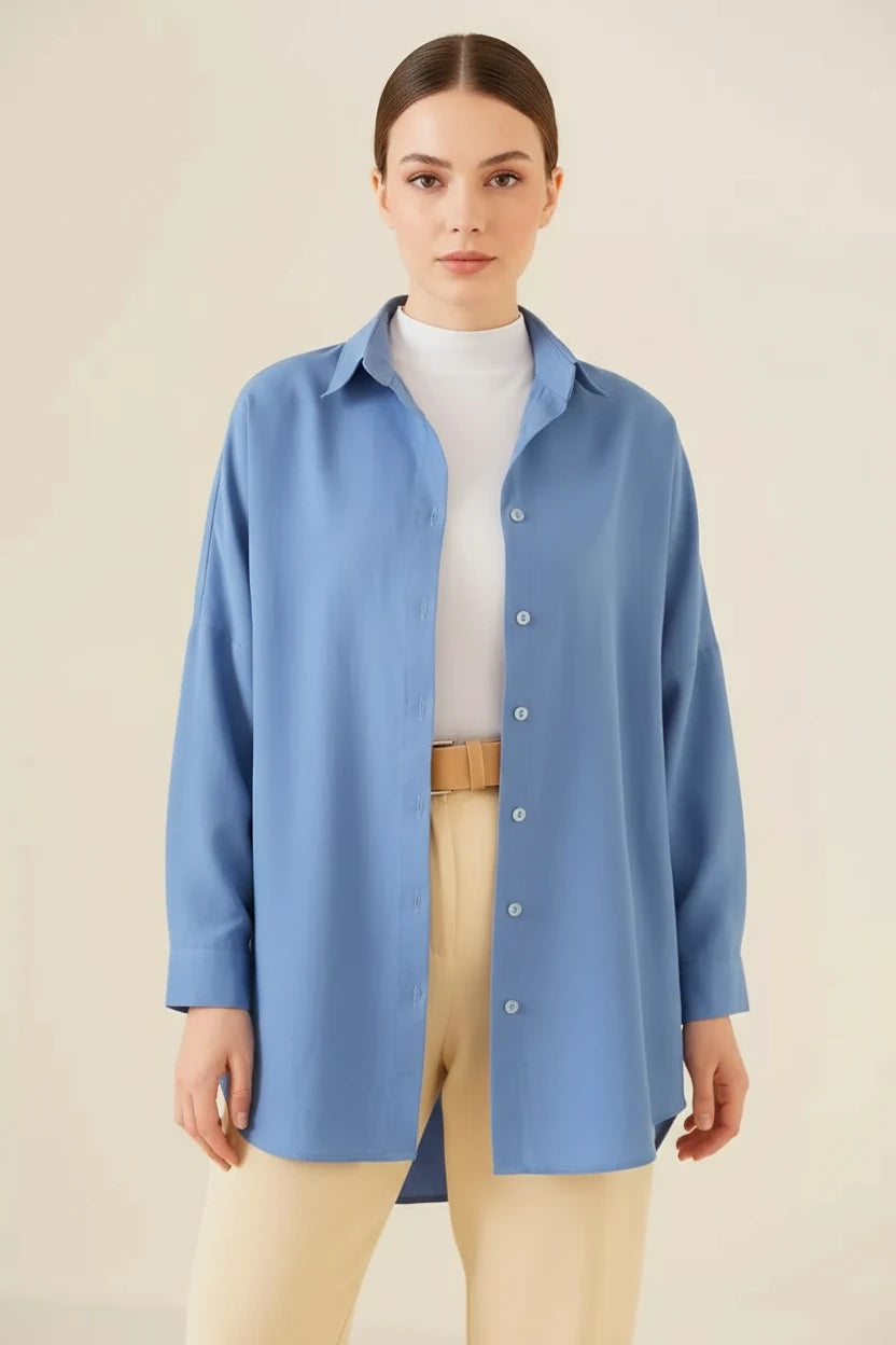 Kadın Oversize Basic Pamuklu İndigo Tesettür Gömlek