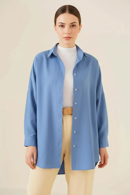 Kadın Oversize Basic Pamuklu İndigo Tesettür Gömlek