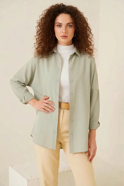 Kadın Oversize Basic Pamuklu Açık Haki Tesettür Gömlek