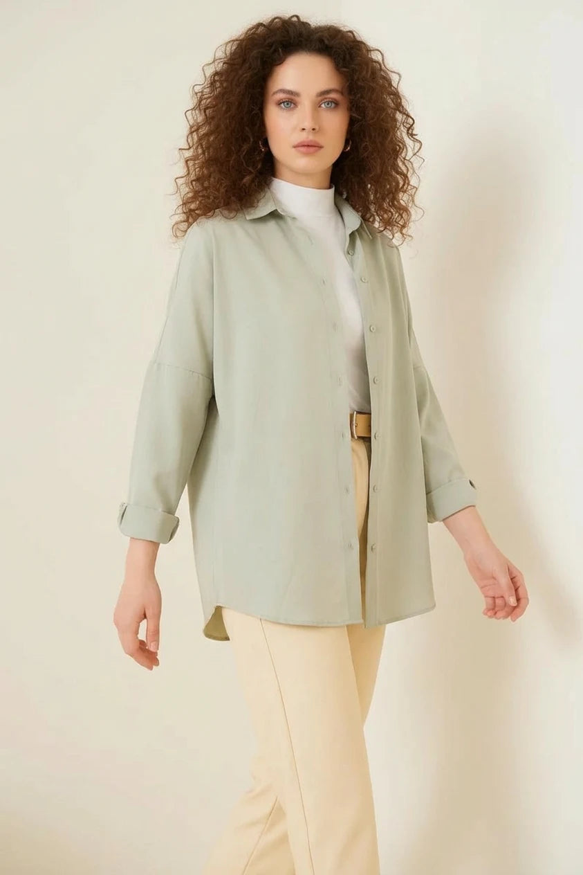 Kadın Oversize Basic Pamuklu Açık Haki Tesettür Gömlek