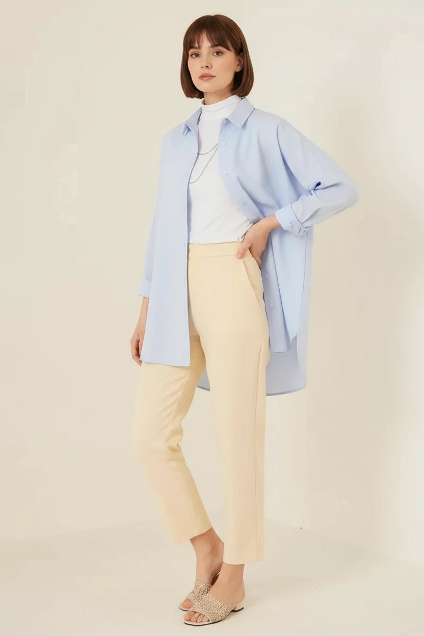 Kadın Katlanmış Kol Basic Oversize Pamuklu Açık Mavi Tesettür Gömlek