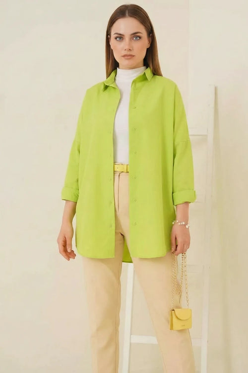 Kadın Oversize Basic Pamuklu Çağla Yeşili Tesettür Gömlek