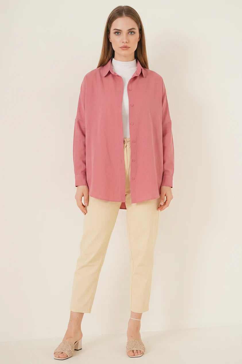 Kadın Basic Oversize Pamuklu Gül Kurusu Tesettür Gömlek