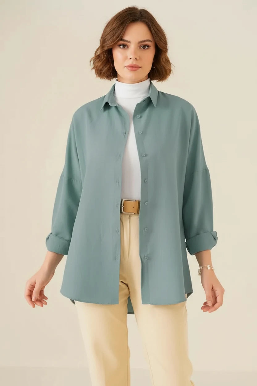 Kadın Oversize Basic Pamuklu Su Yeşili Tesettür Gömlek