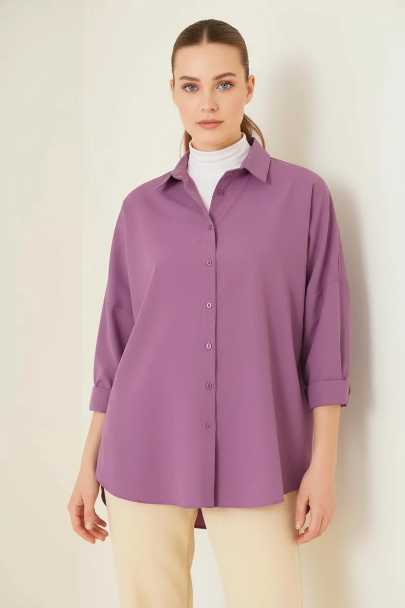 Kadın Oversize Basic Pamuklu Koyu Lila Tesettür Gömlek