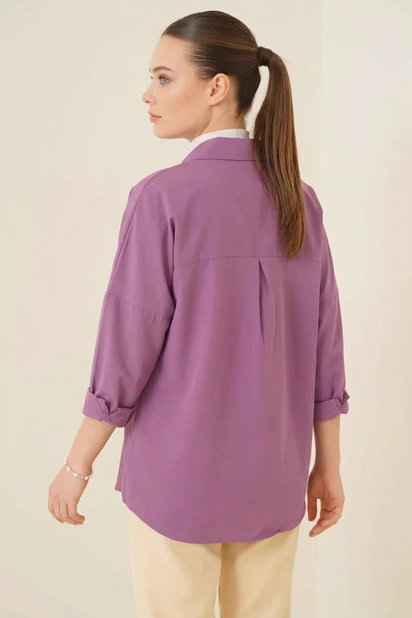 Kadın Oversize Basic Pamuklu Koyu Lila Tesettür Gömlek