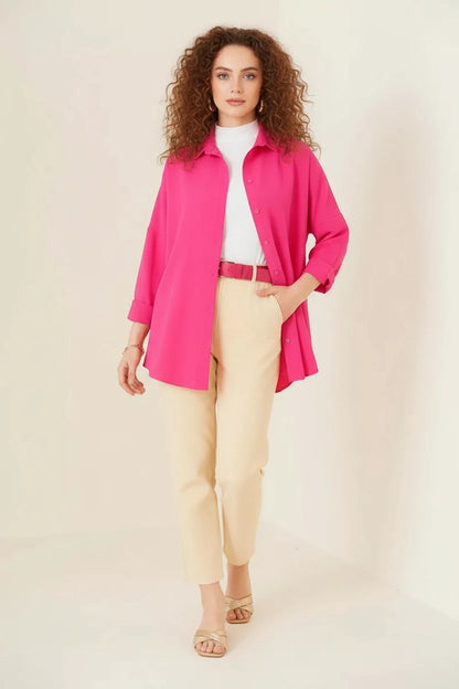 Kadın Oversize Kesim Basic Pamuklu Koyu Pembe Tesettür Gömlek
