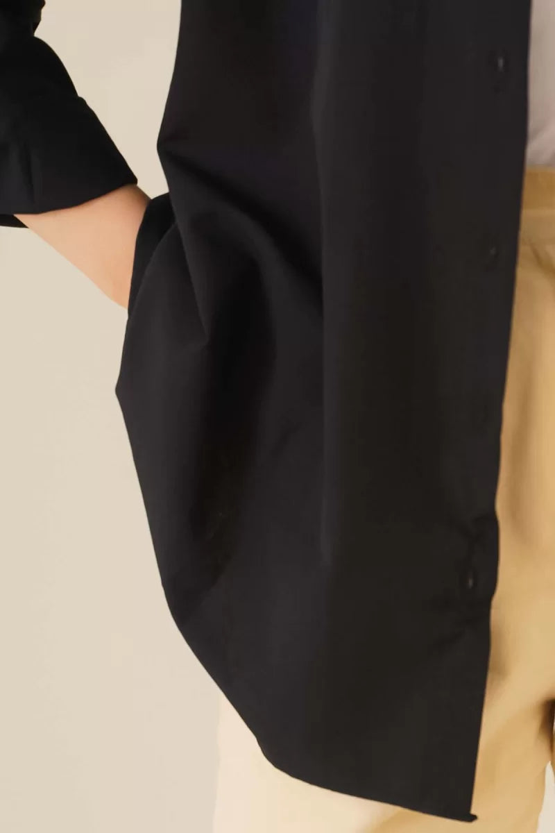 Kadın Oversize Kesim Basic Pamuklu Siyah Tesettür Gömlek