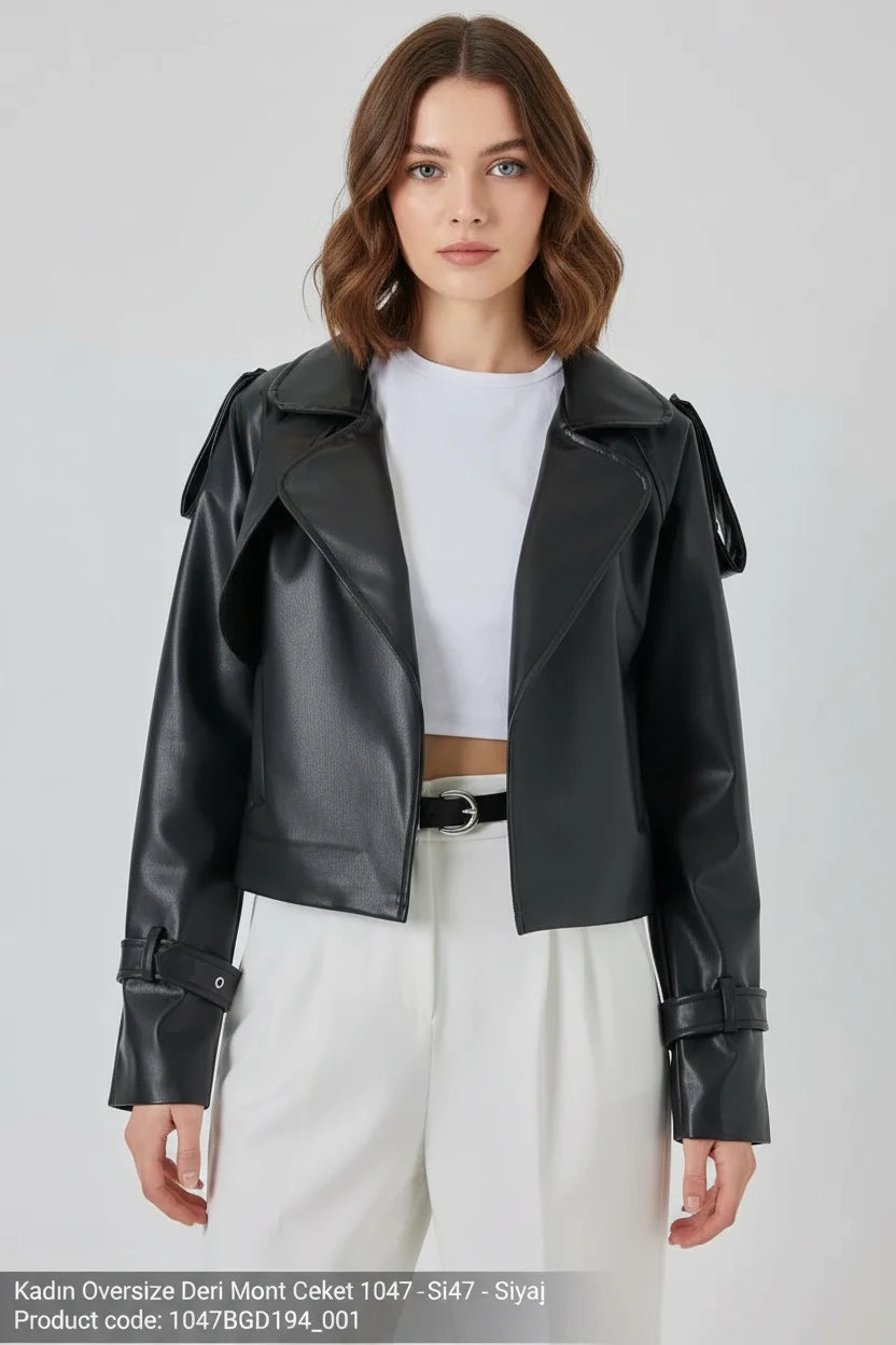 Kadın Geniş Yaka Oversize Siyah Ceket