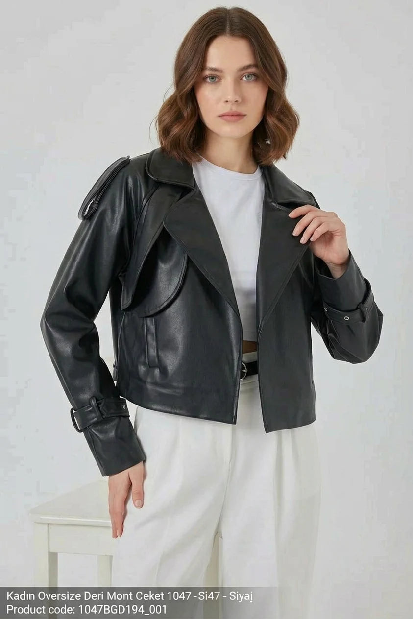 Kadın Geniş Yaka Oversize Siyah Ceket
