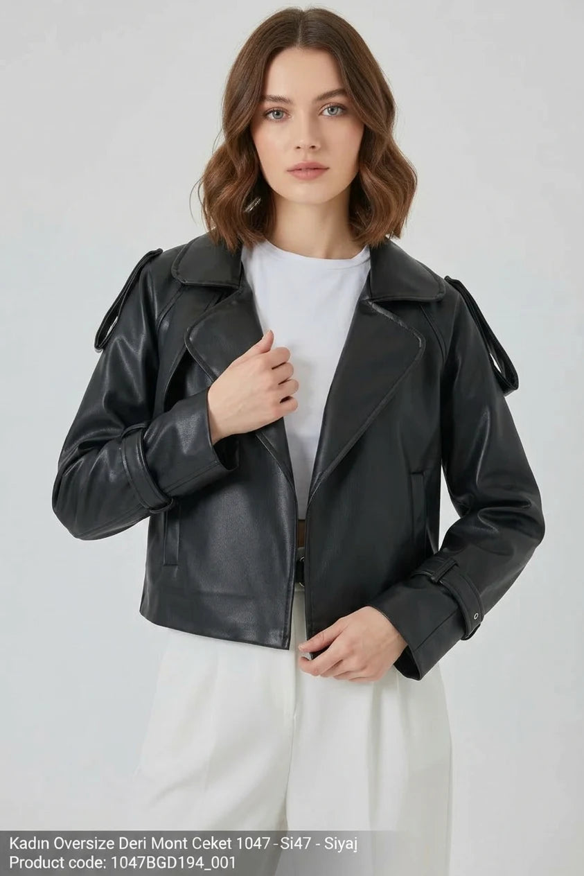 Kadın Geniş Yaka Oversize Siyah Ceket