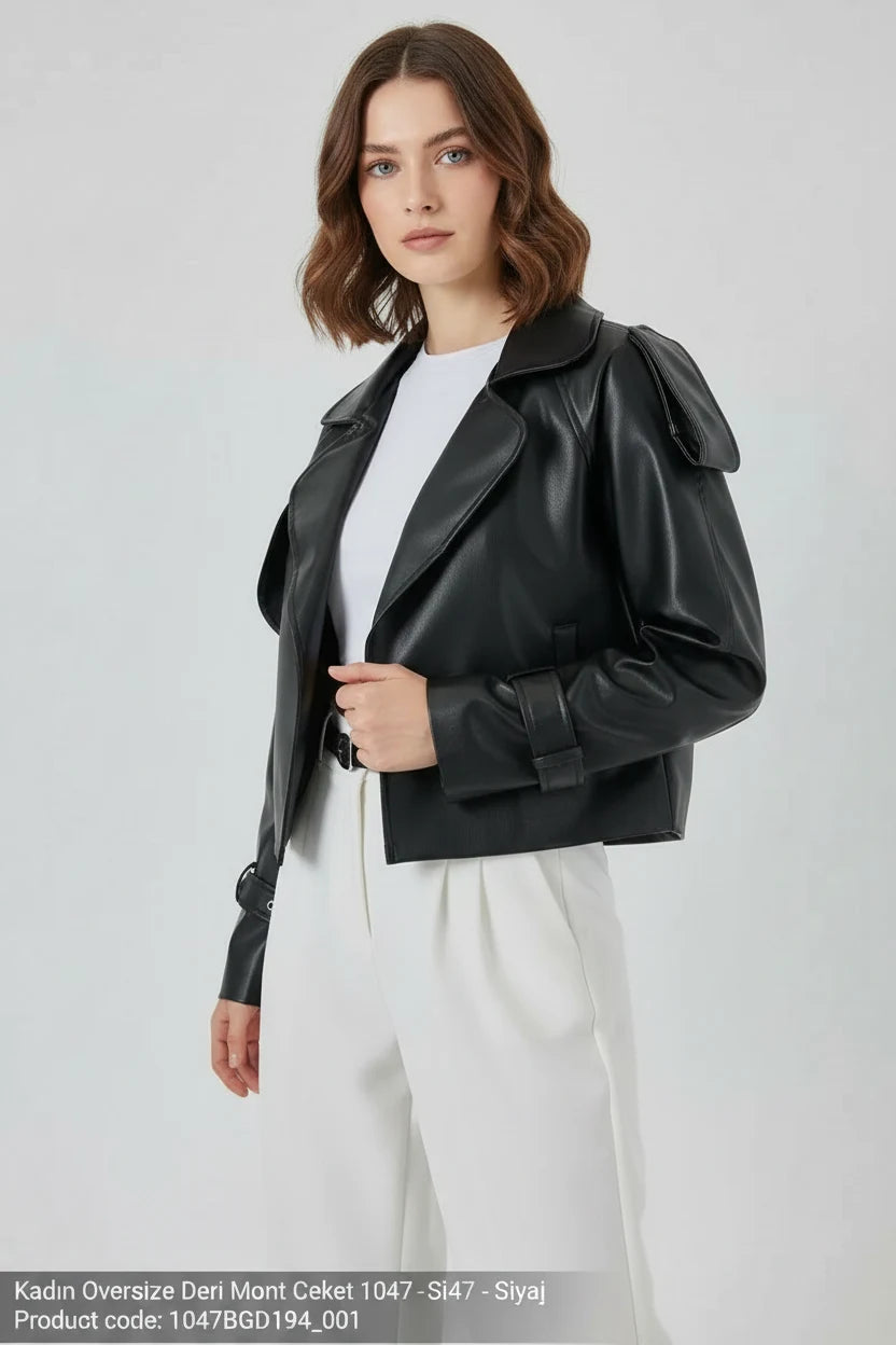 Kadın Geniş Yaka Oversize Siyah Ceket