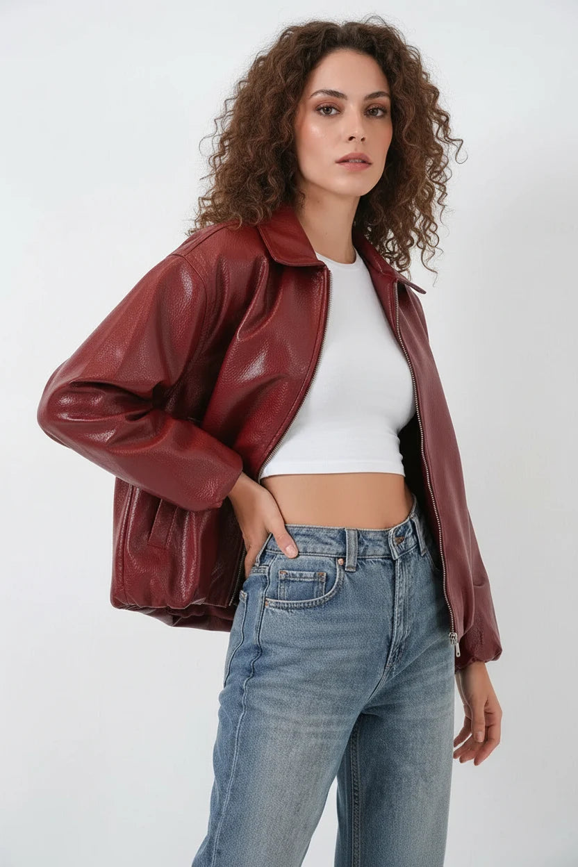 Kadın Gömlek Yaka Oversize Kiremit Ceket