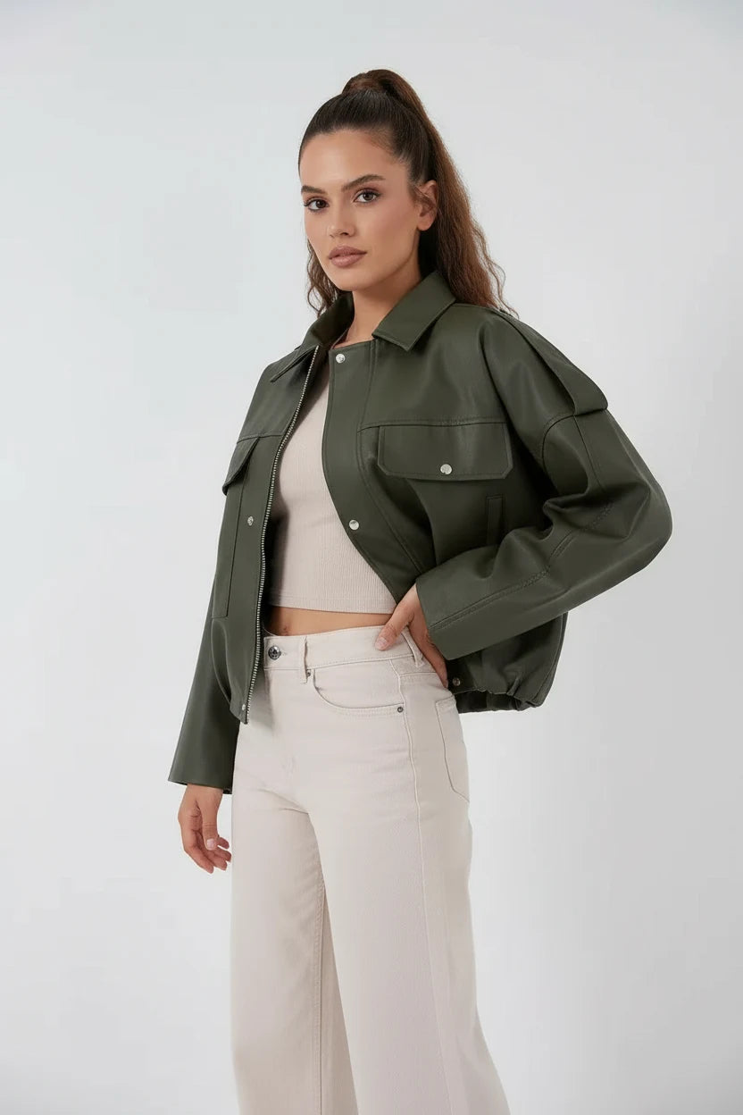 Kadın Klasik Yaka Oversize Deri Görünümlü Haki Ceket