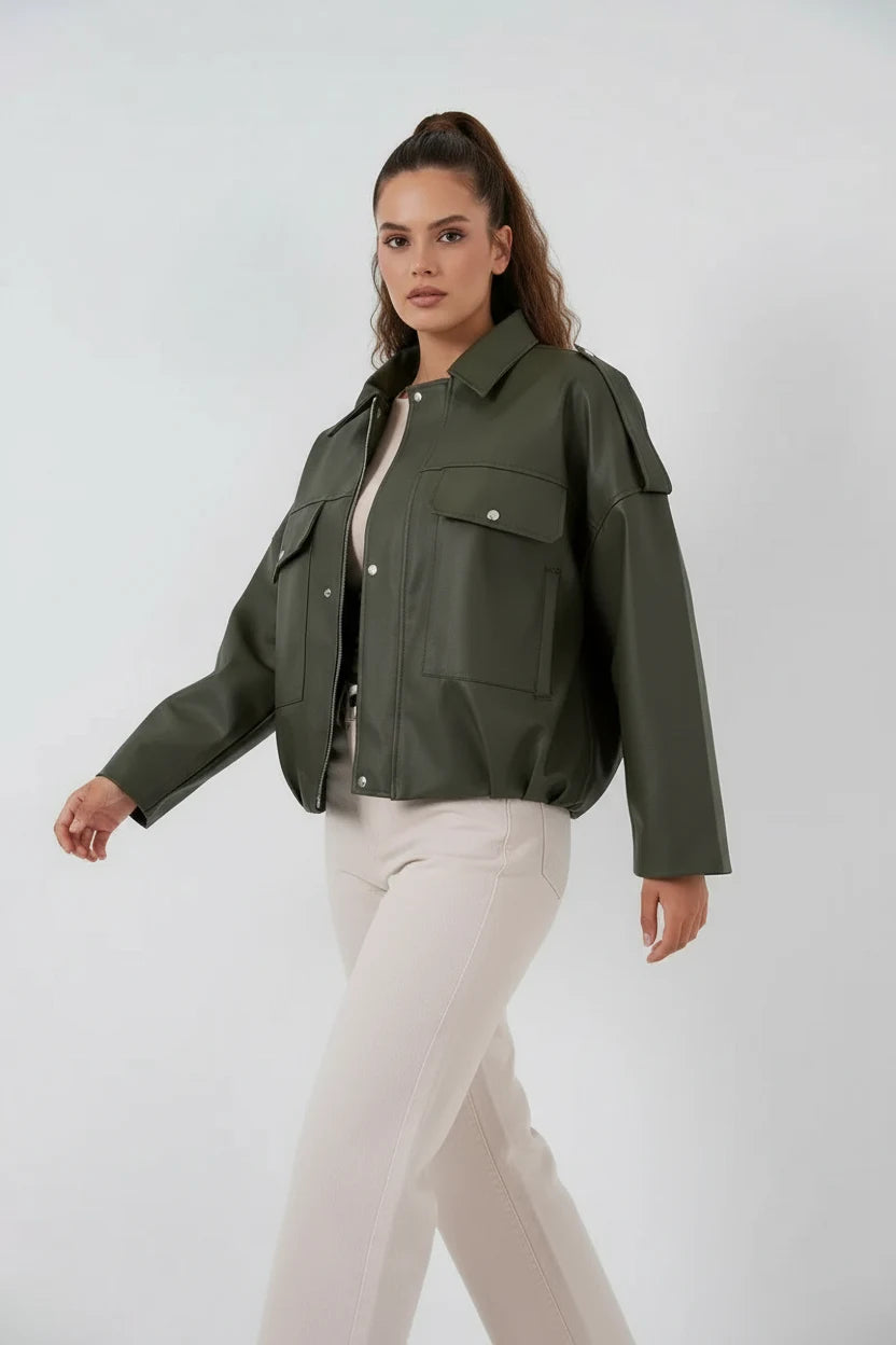 Kadın Klasik Yaka Oversize Deri Görünümlü Haki Ceket