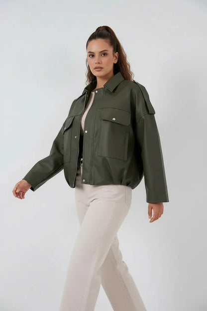 Kadın Klasik Yaka Oversize Deri Görünümlü Haki Ceket