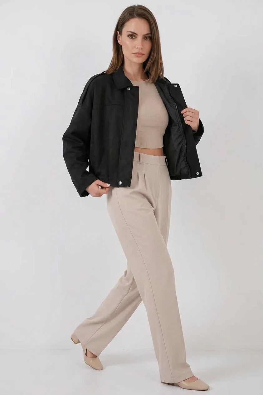 Kadın Klasik Yaka Oversize Omuz Detaylı Siyah Ceket