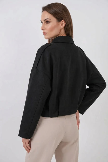 Kadın Klasik Yaka Oversize Omuz Detaylı Siyah Ceket