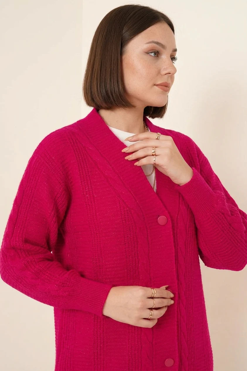 Kadın V Yaka Saç Örgü Desen Düğmeli Triko Koyu Pembe Tesettür Hırka